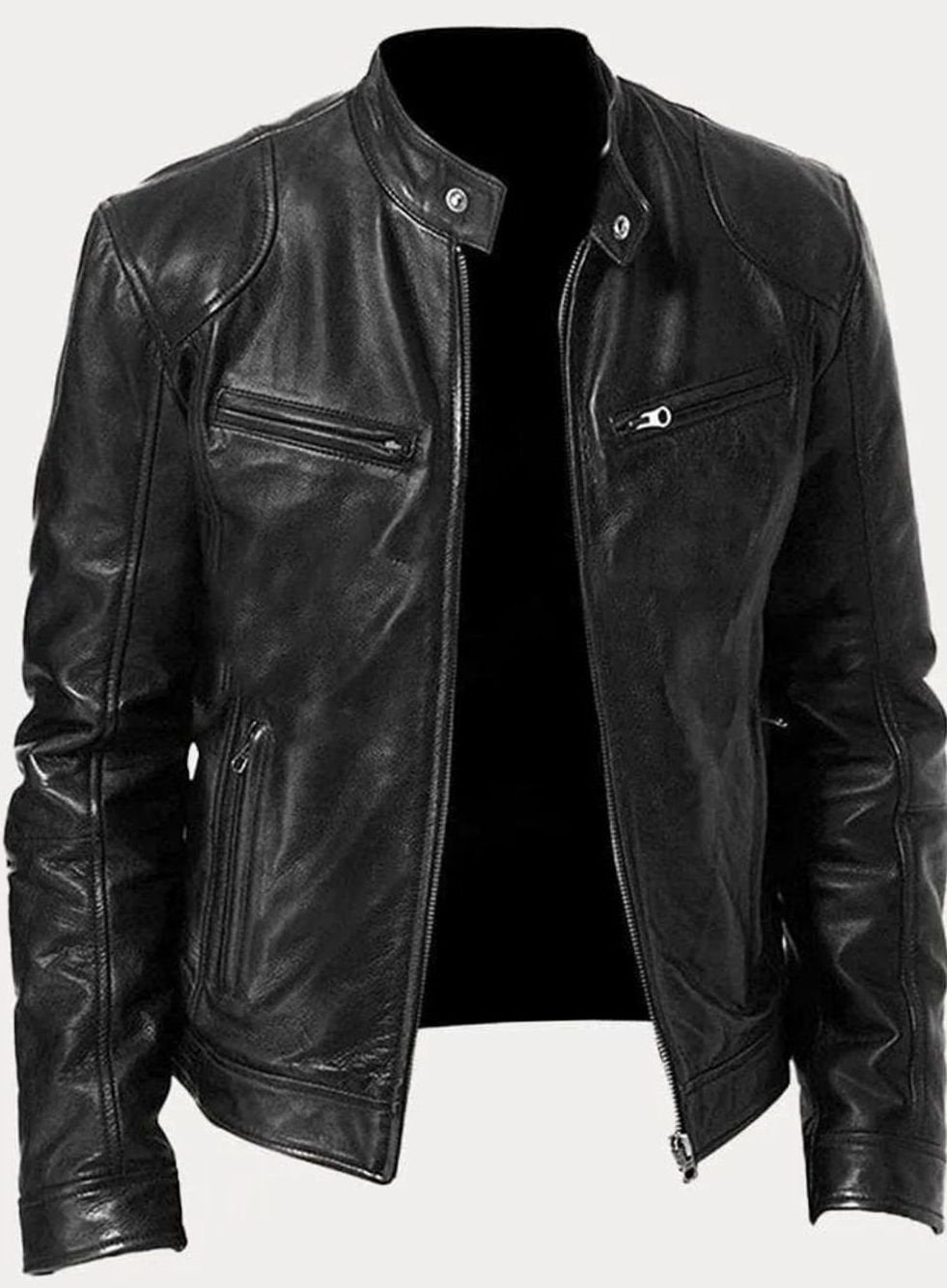 Men's Classic Zip-Up Moto Style Jacket Slim-Fit Leather Biker - Black