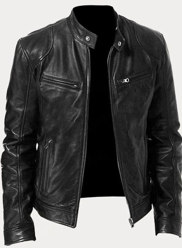 Men's Classic Zip-Up Moto Style Jacket Slim-Fit Leather Biker - Black