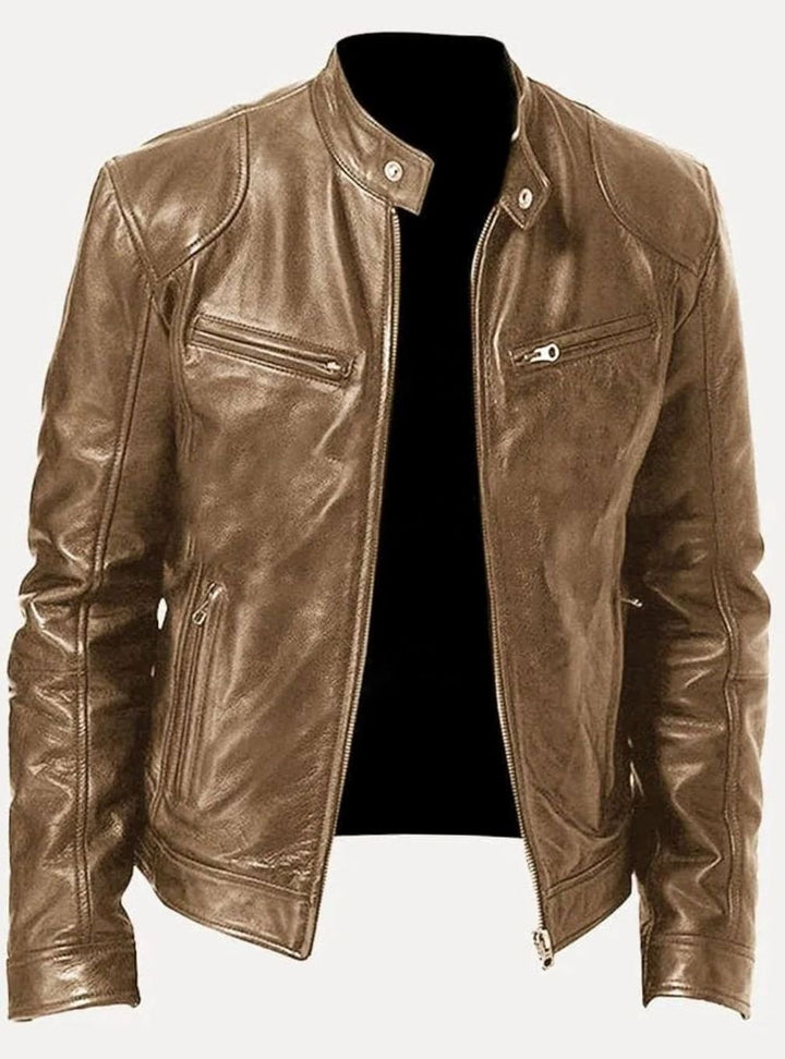 Men's Classic Zip-Up Moto Style Jacket Slim-Fit Leather Biker - Beige