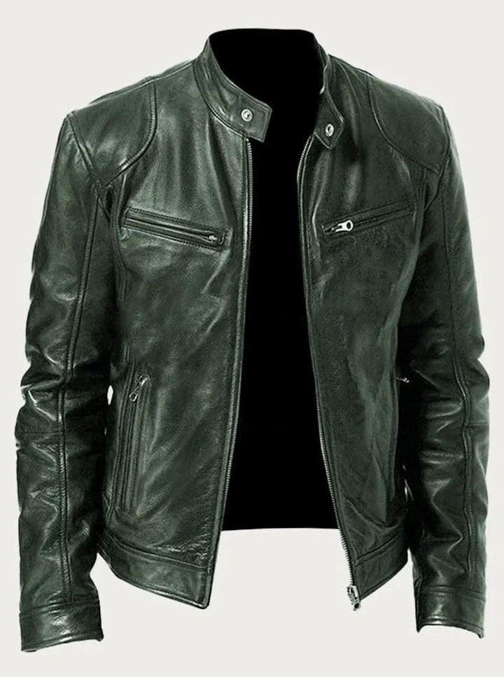 Men's Classic Zip-Up Moto Style Jacket Slim-Fit Leather Biker - Green