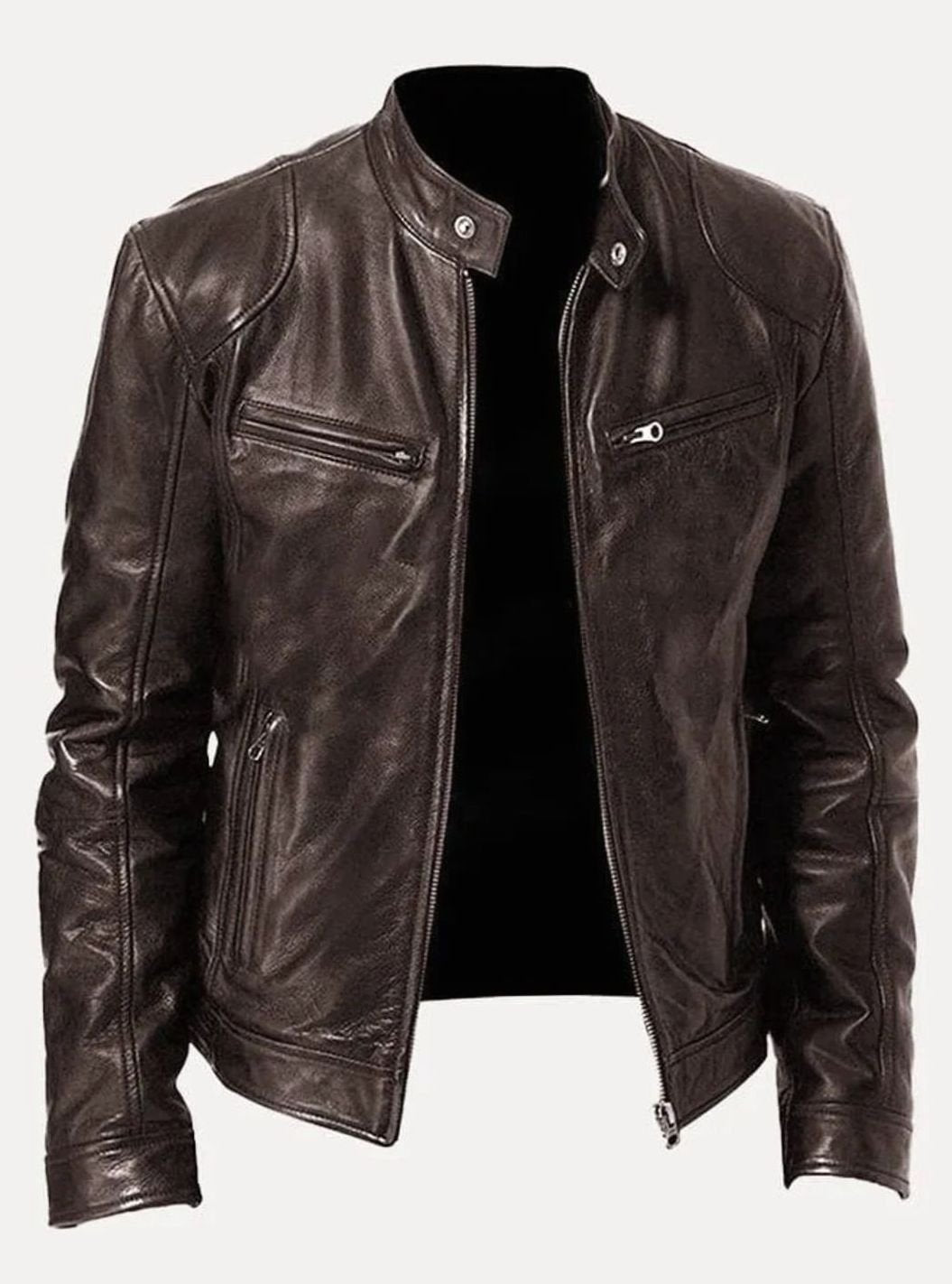 Men's Classic Zip-Up Moto Style Jacket Slim-Fit Leather Biker - Brown