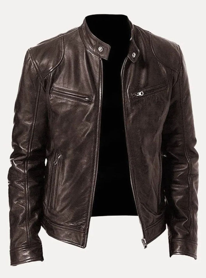 Men's Classic Zip-Up Moto Style Jacket Slim-Fit Leather Biker - Brown