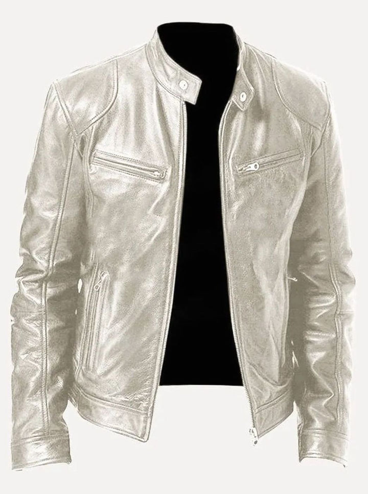 Men's Classic Zip-Up Moto Style Jacket Slim-Fit Leather Biker - Silver