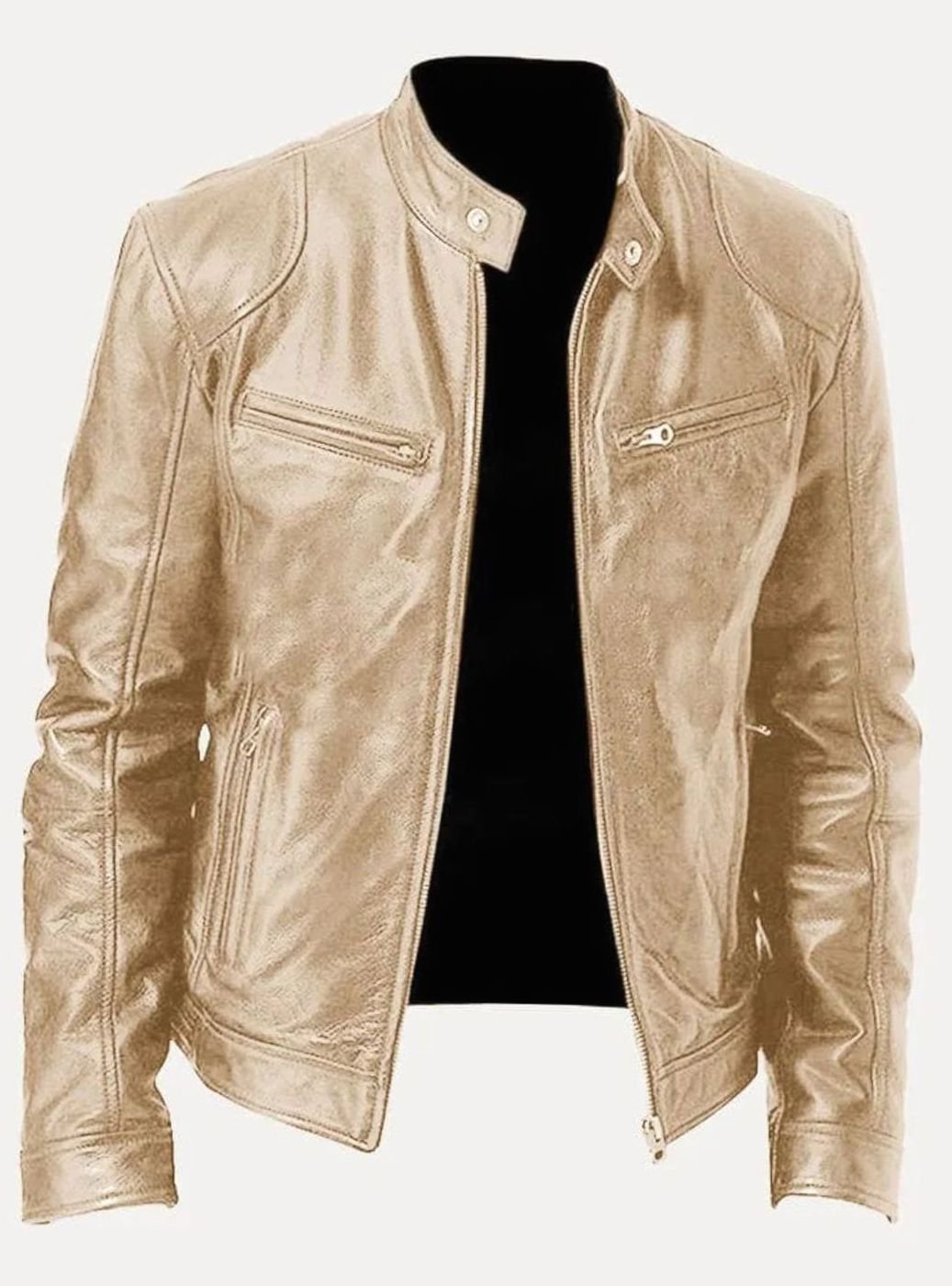 Men's Classic Zip-Up Moto Style Jacket Slim-Fit Leather Biker - Gold