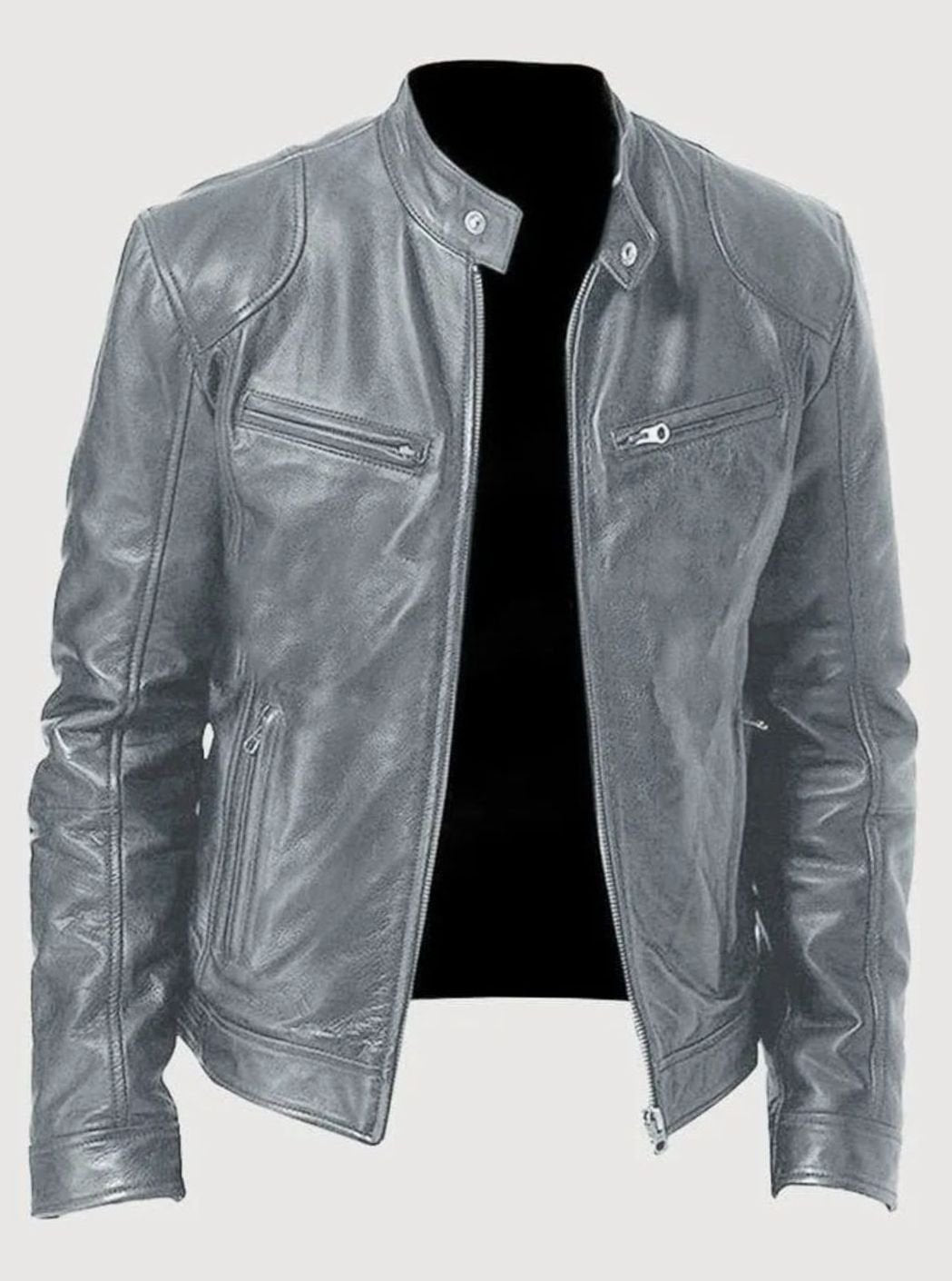 Men's Classic Zip-Up Moto Style Jacket Slim-Fit Leather Biker - Gray