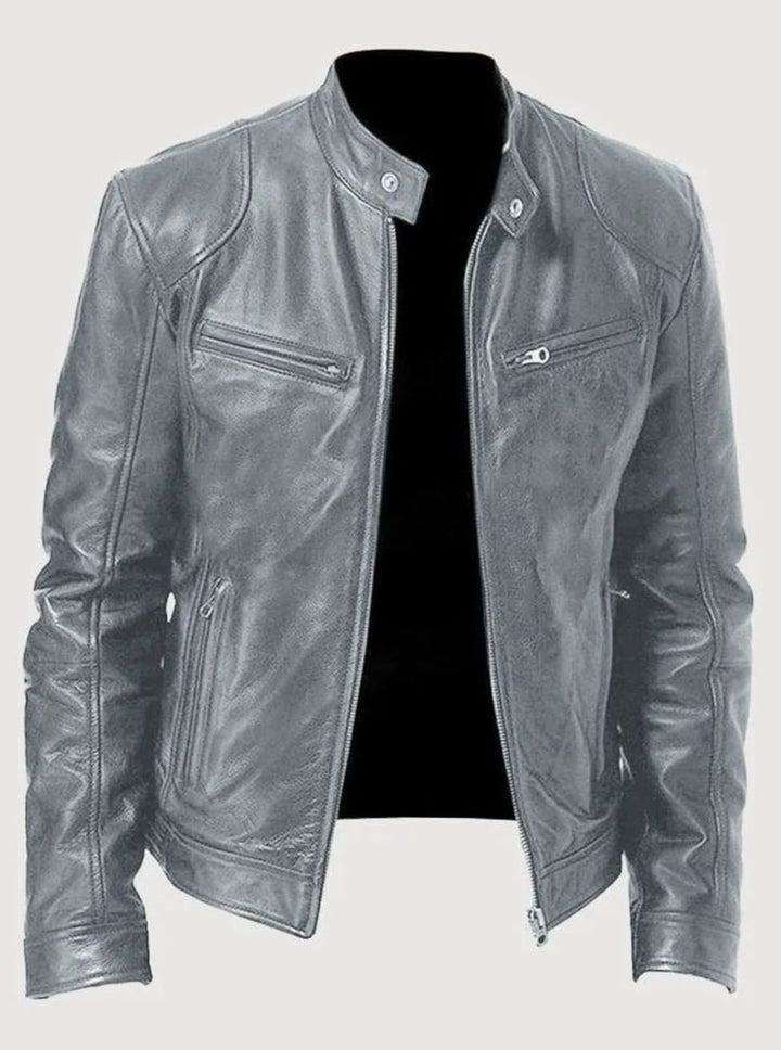 Men's Classic Zip-Up Moto Style Jacket Slim-Fit Leather Biker - Gray