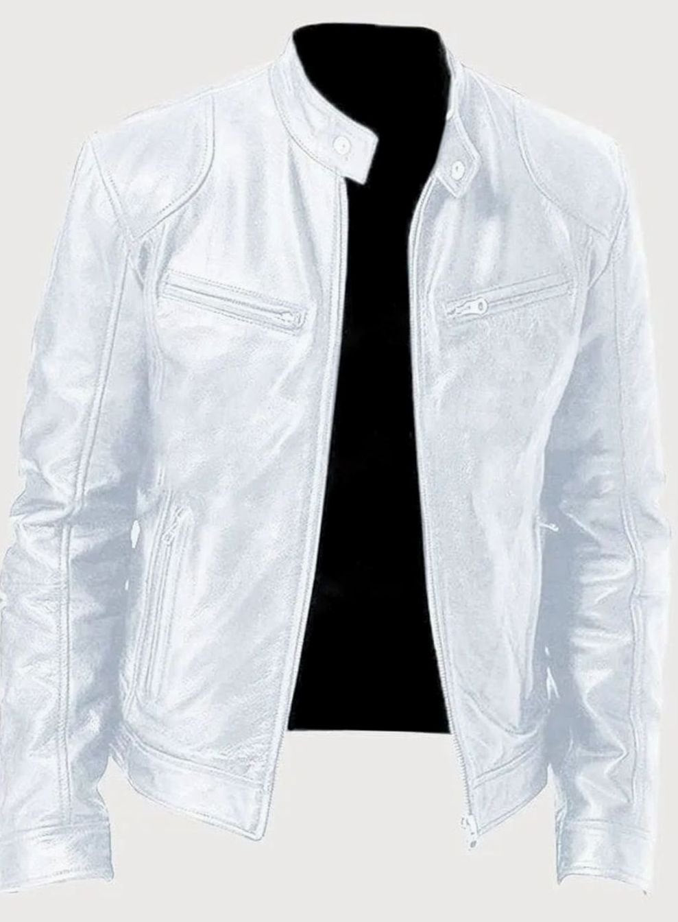 Men's Classic Zip-Up Moto Style Jacket Slim-Fit Leather Biker - White