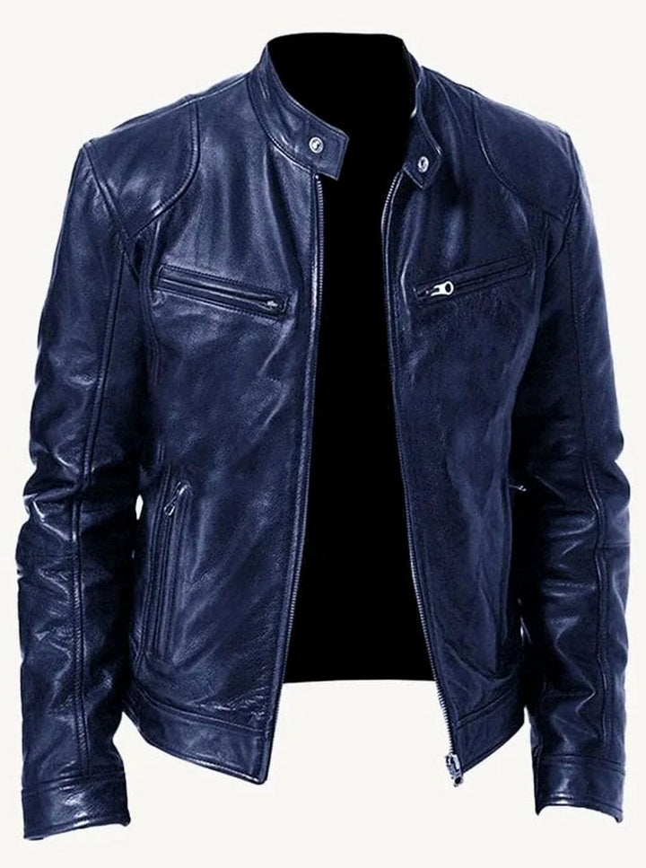 Men's Classic Zip-Up Moto Style Jacket Slim-Fit Leather Biker - Navy