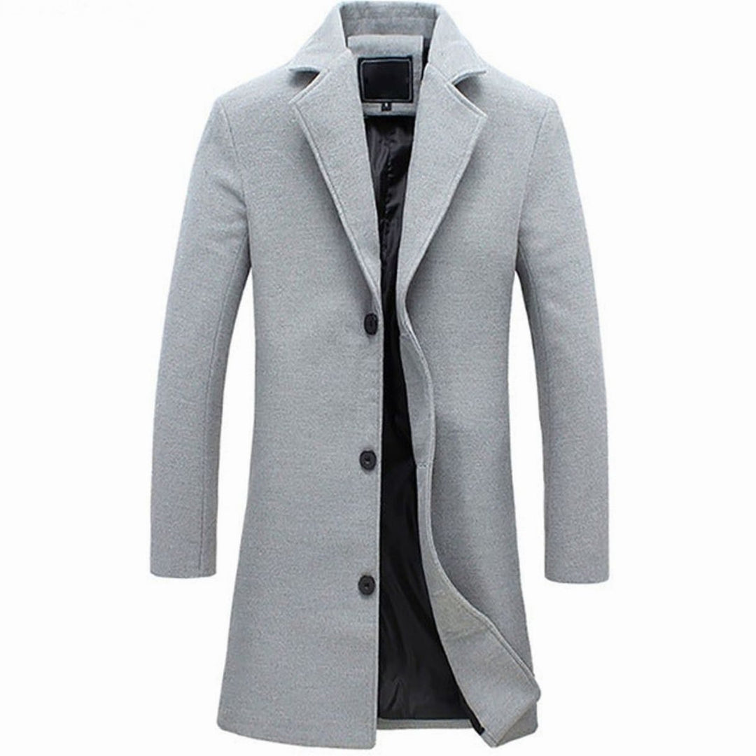 Men's Cold Weather Wool-Blend Tailored Long Trench Coat - Grey