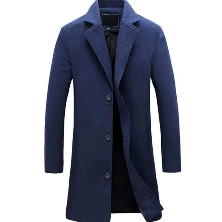 Men's Cold Weather Wool-Blend Tailored Long Trench Coat - Navy Blue