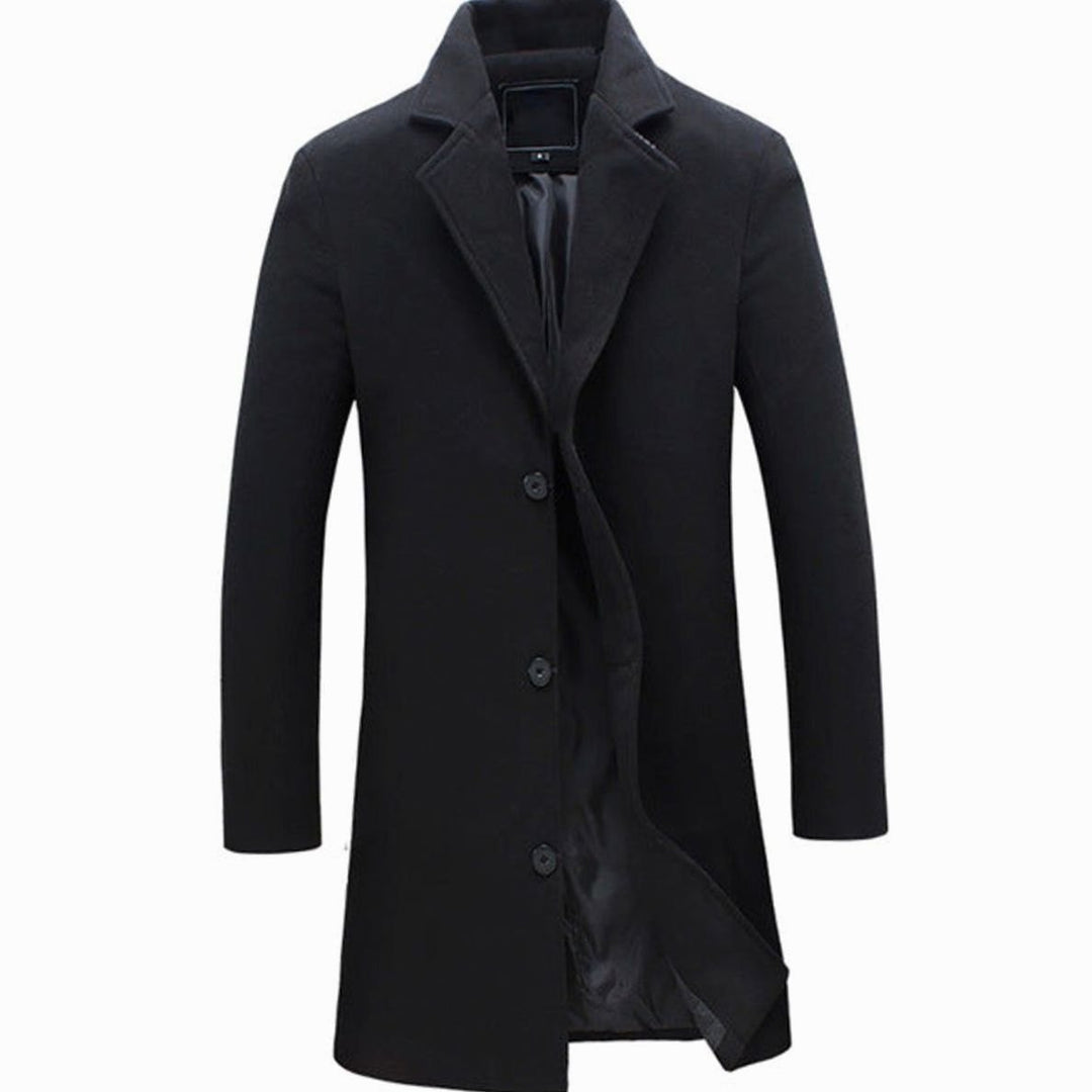 Men's Cold Weather Wool-Blend Tailored Long Trench Coat - Black