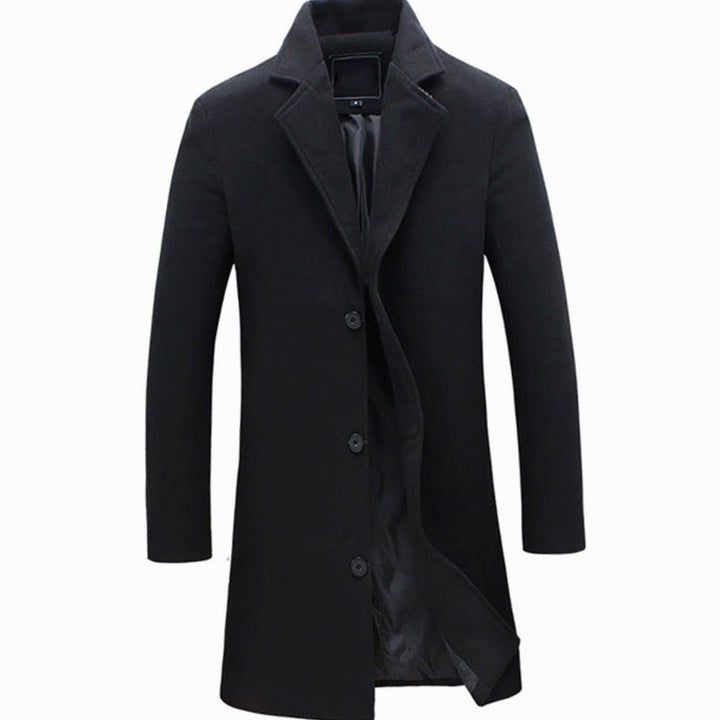 Men's Cold Weather Wool-Blend Tailored Long Trench Coat - Black