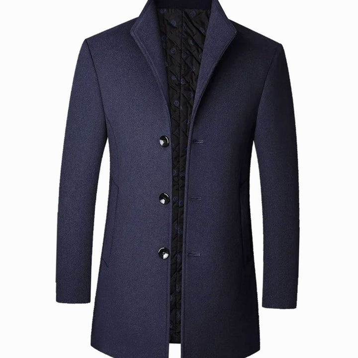 Men's Cold Weather Wool-Insulated Single-Breasted Overcoat - Navy Blue