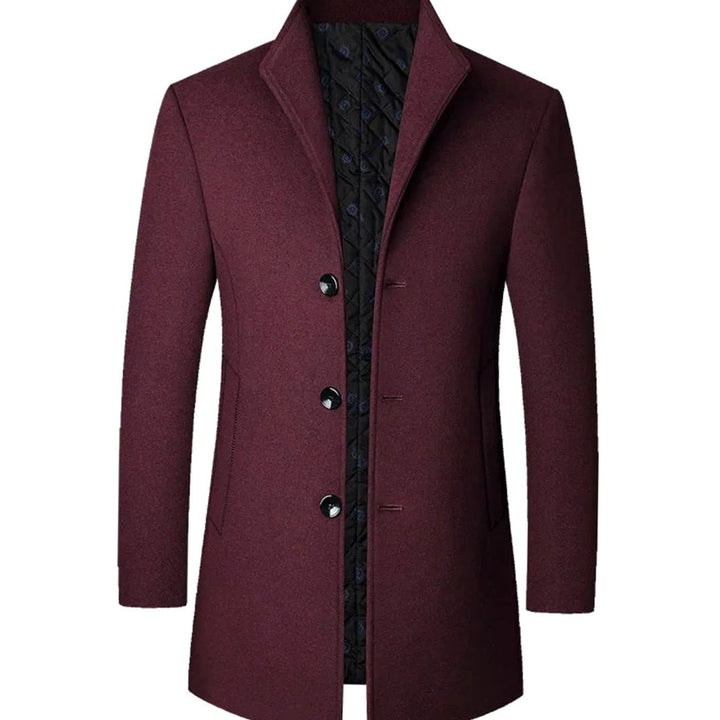 Men's Cold Weather Wool-Insulated Single-Breasted Overcoat - Burgundy