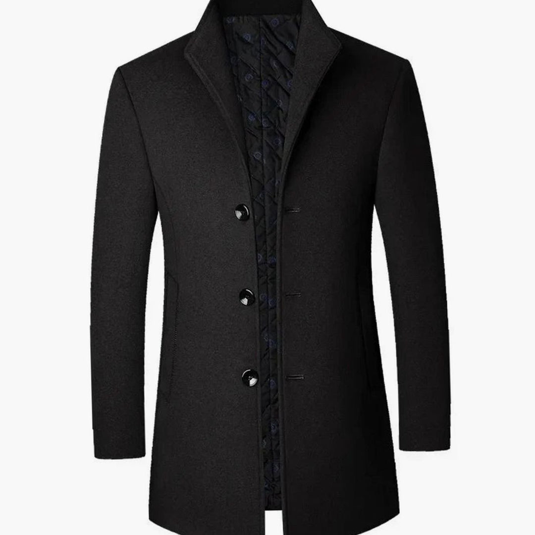 Men's Cold Weather Wool-Insulated Single-Breasted Overcoat - Black
