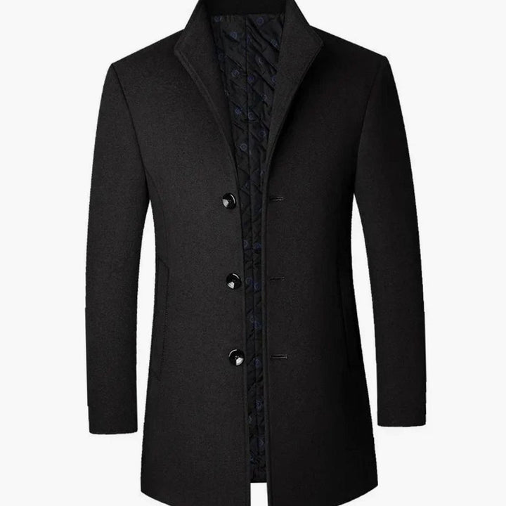 Men's Cold Weather Wool-Insulated Single-Breasted Overcoat - Black