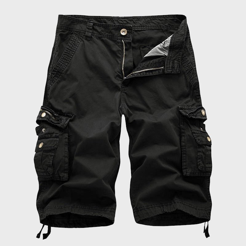 Men's Cotton Multi-Pocket Drawstring Cargo Shorts - Black
