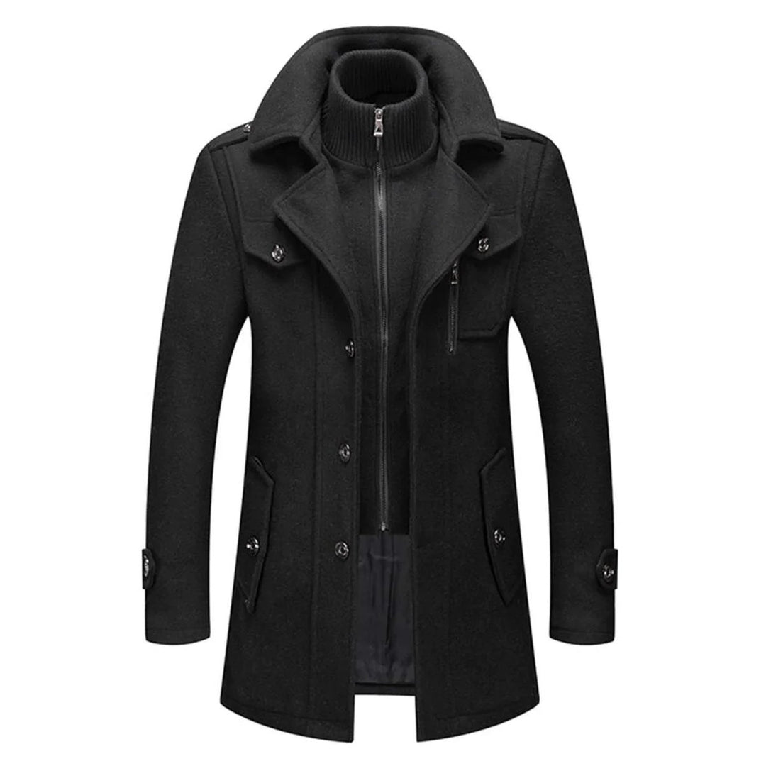 Men's Double-Collar Wool Blend Long Coat Winter Overcoat - Black