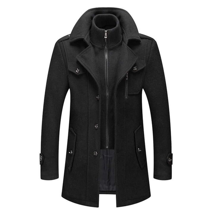 Men's Double-Collar Wool Blend Long Coat Winter Overcoat - Black