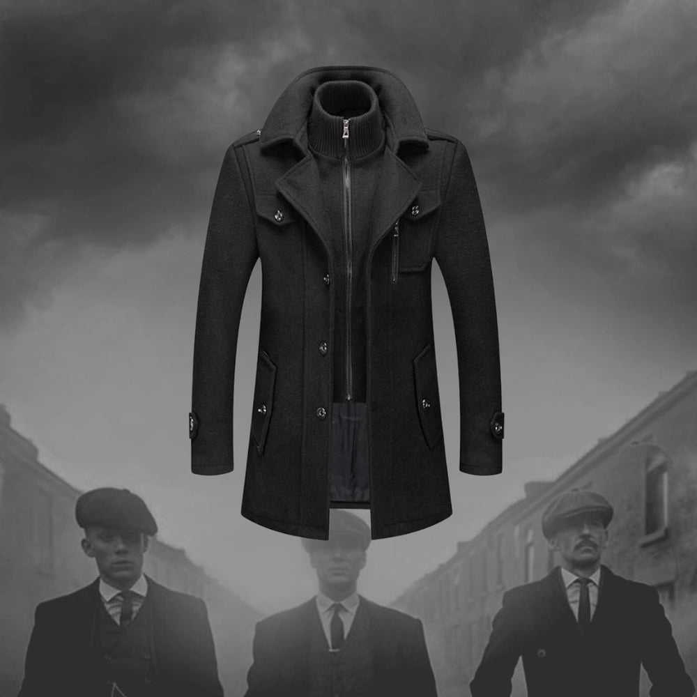 Men's Double-Collar Wool Blend Long Coat Winter Overcoat