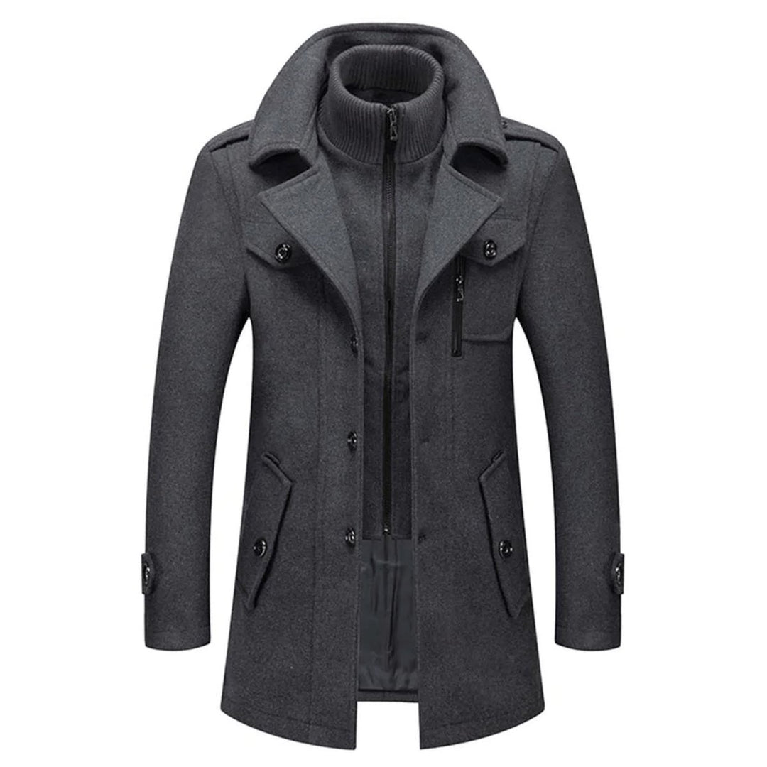 Men's Double-Collar Wool Blend Long Coat Winter Overcoat - Gray