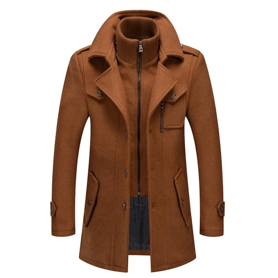 Men's Double-Collar Wool Blend Long Coat Winter Overcoat - Brown