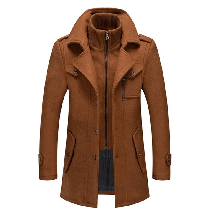 Men's Double-Collar Wool Blend Long Coat Winter Overcoat - Brown