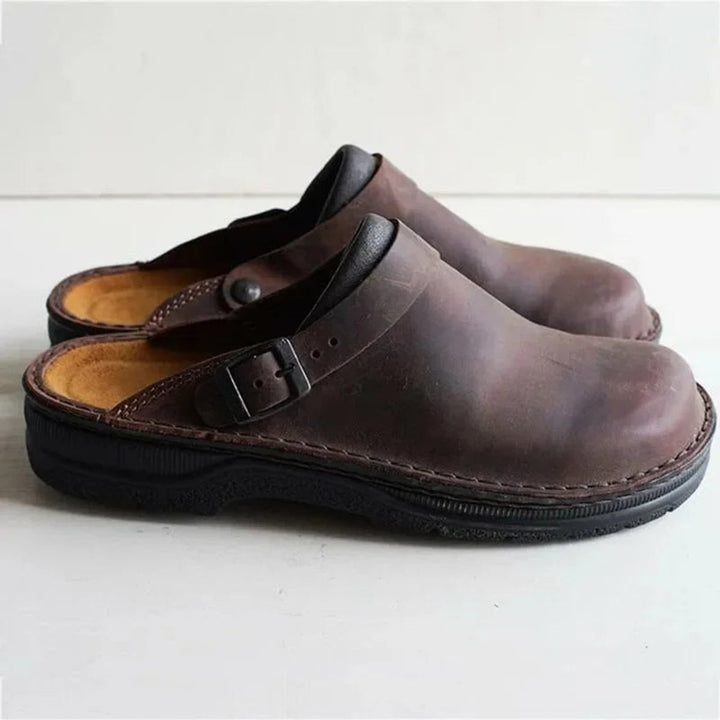 Men's Ergonomic Buckle-Strap Leather Slip-On Clogs - Brown