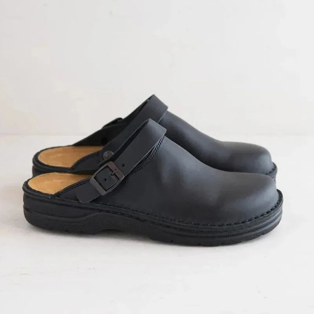 Men's Ergonomic Buckle-Strap Leather Slip-On Clogs - Black