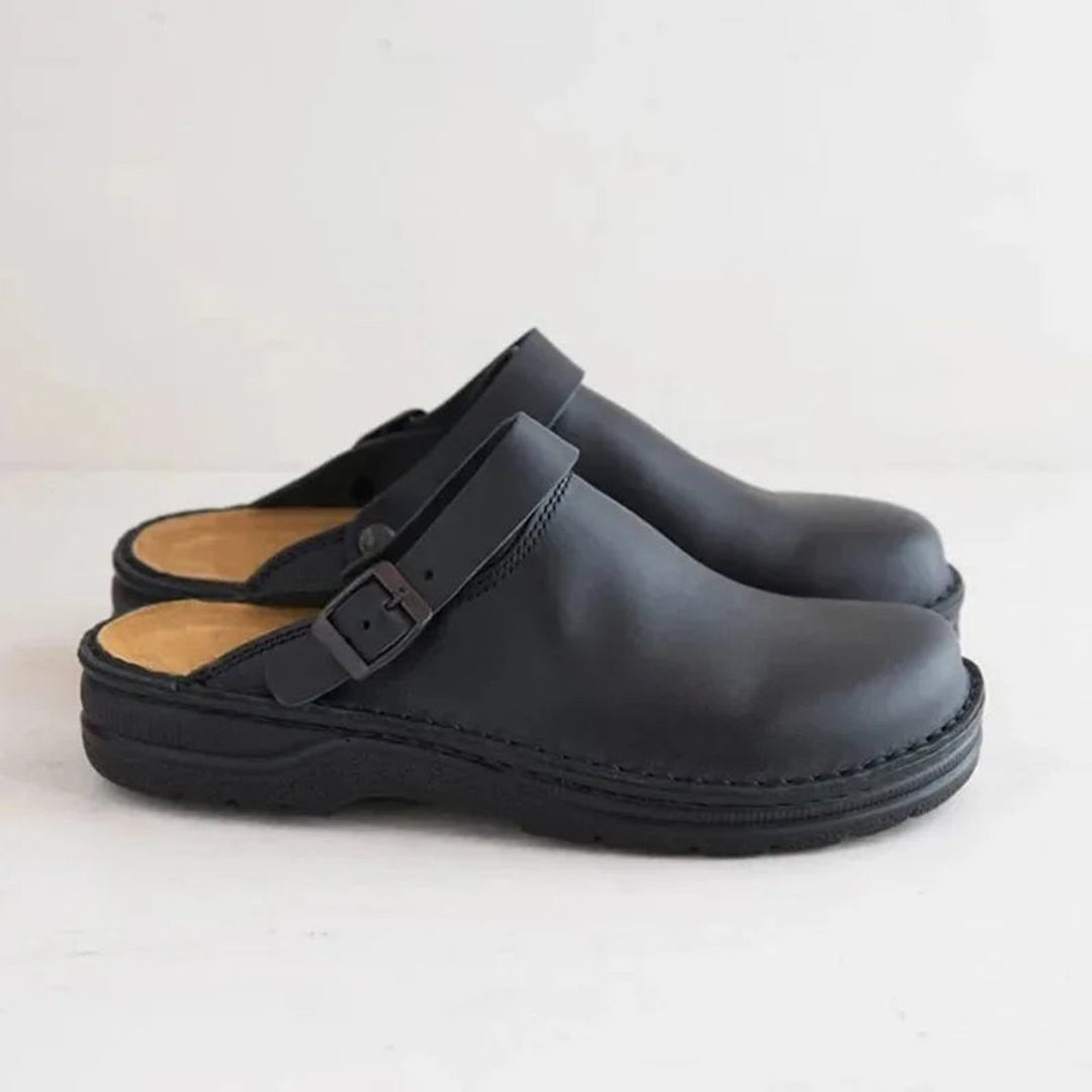 Men's Ergonomic Buckle-Strap Leather Slip-On Clogs - Black