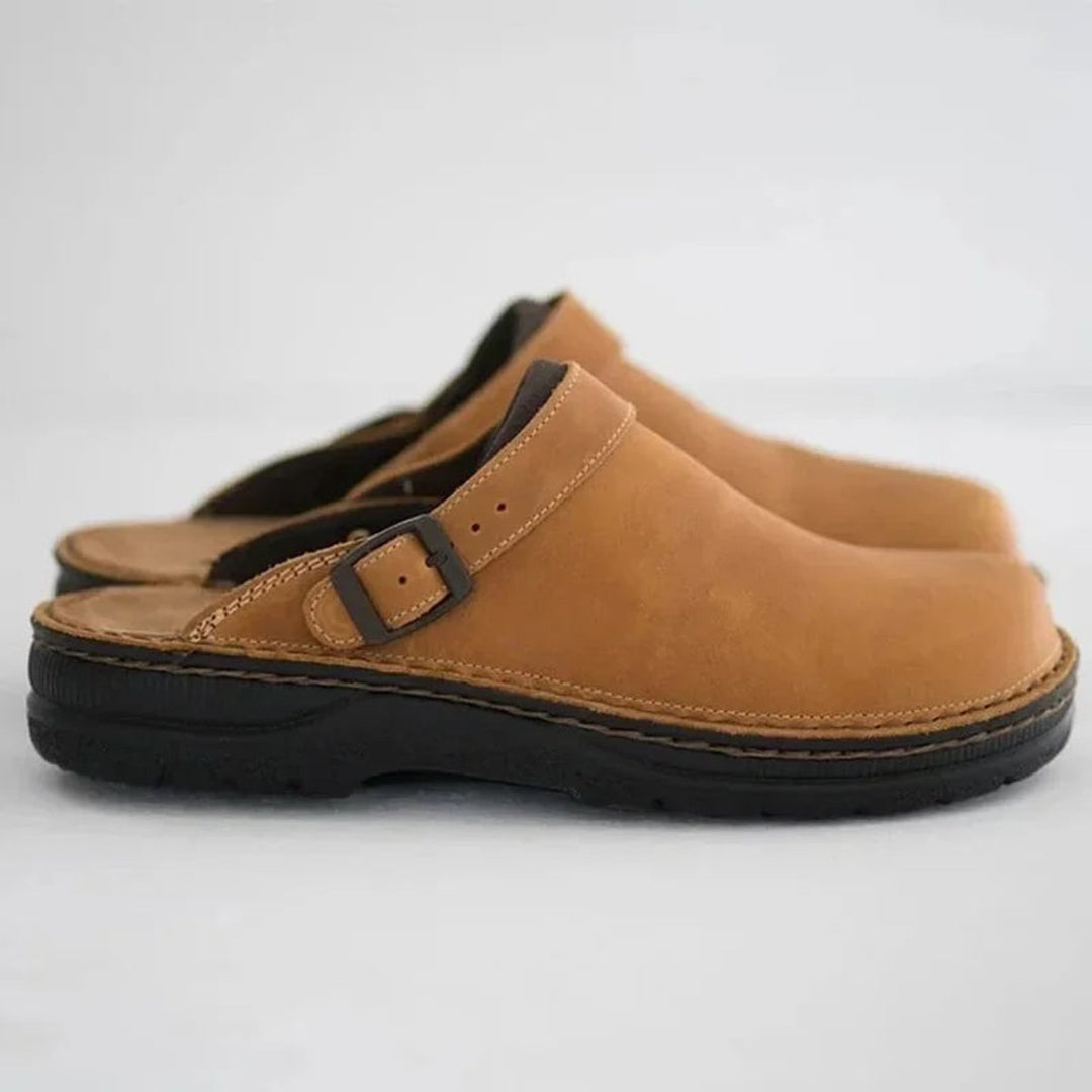 Men's Ergonomic Buckle-Strap Leather Slip-On Clogs - Khaki
