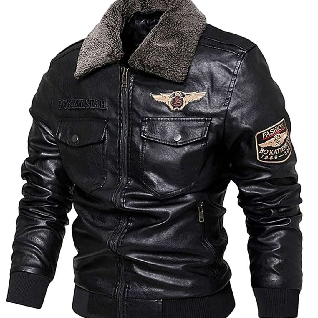 Men's Faux Leather Aviator Bomber Jacket Sherpa Collar