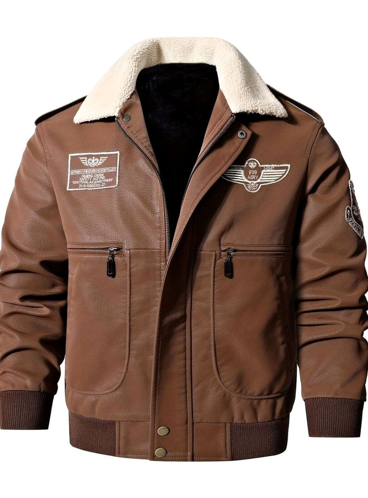 Men's Faux Leather Aviator Bomber Jacket Sherpa Collar, Black