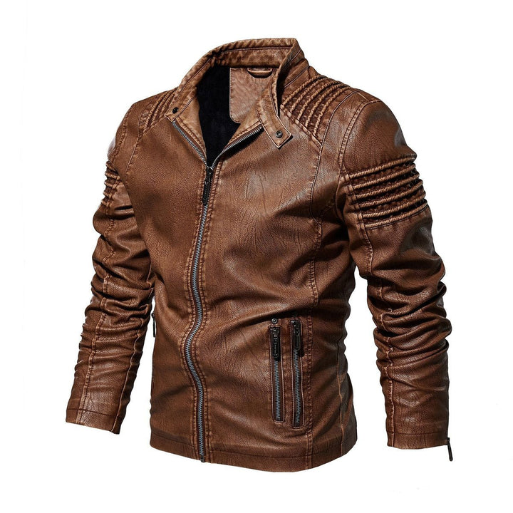 Men's Faux Leather Biker Jacket Ribbed Shoulder Fleece-Lined Moto Zip