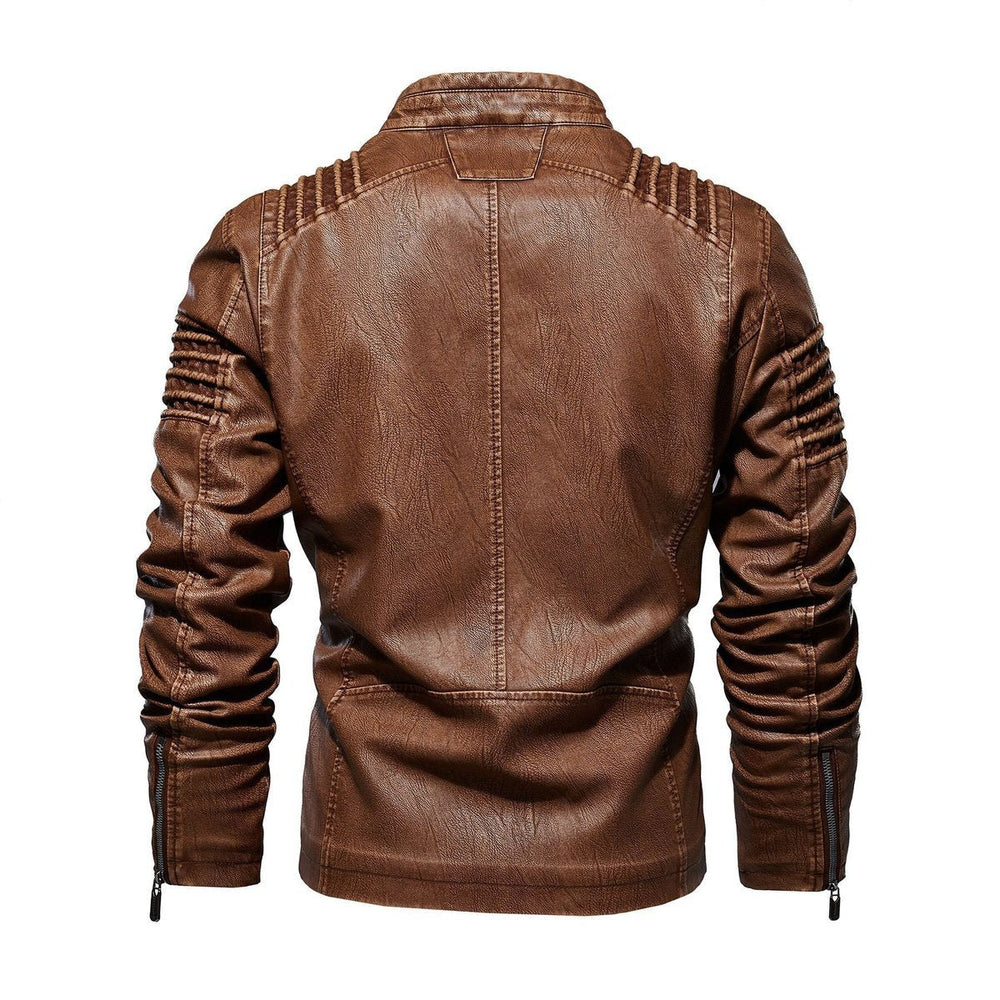 Men's Faux Leather Biker Jacket Ribbed Shoulder Fleece-Lined Moto Zip