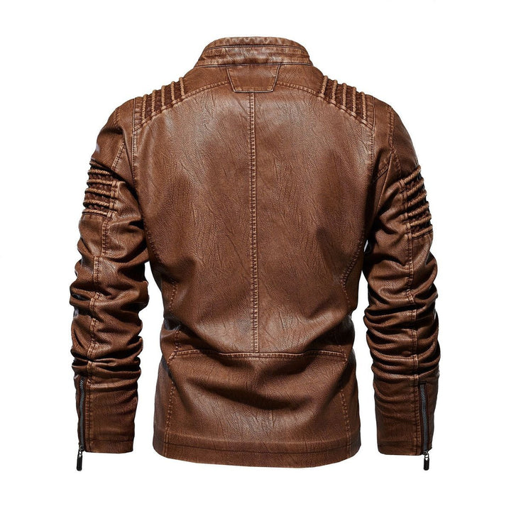 Men's Faux Leather Biker Jacket Ribbed Shoulder Fleece-Lined Moto Zip
