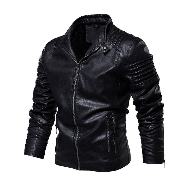 Men's Faux Leather Biker Jacket Ribbed Shoulder Fleece-Lined Moto Zip