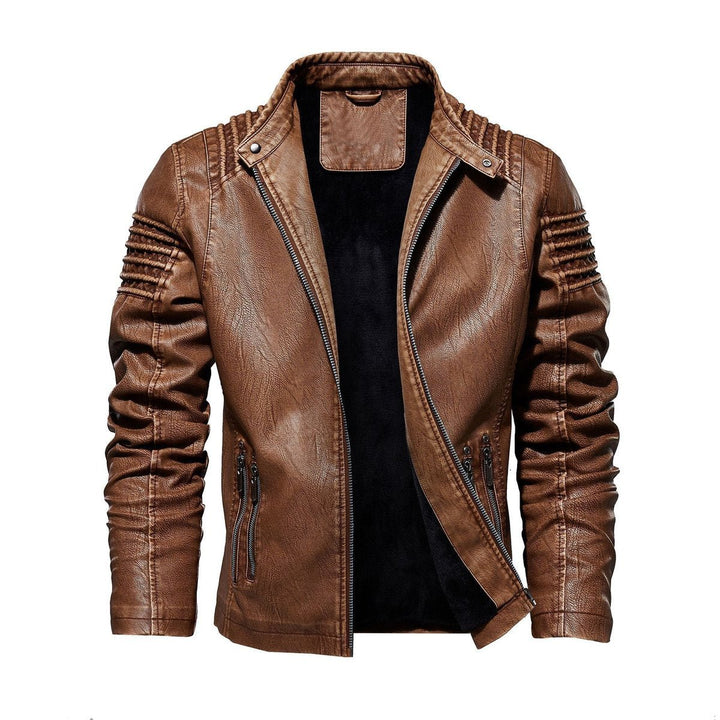 Men's Faux Leather Biker Jacket Ribbed Shoulder Fleece-Lined Moto Zip
