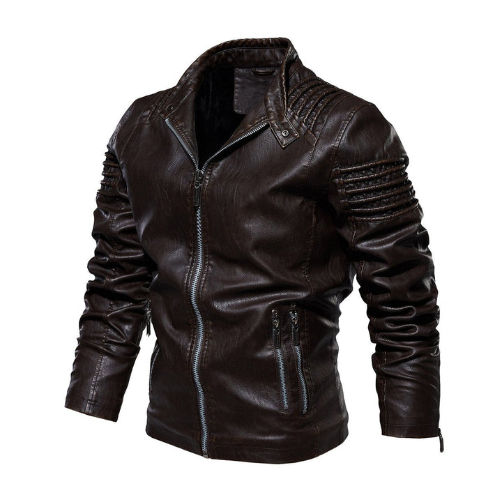 Men's Faux Leather Biker Jacket Ribbed Shoulder Fleece-Lined Moto Zip