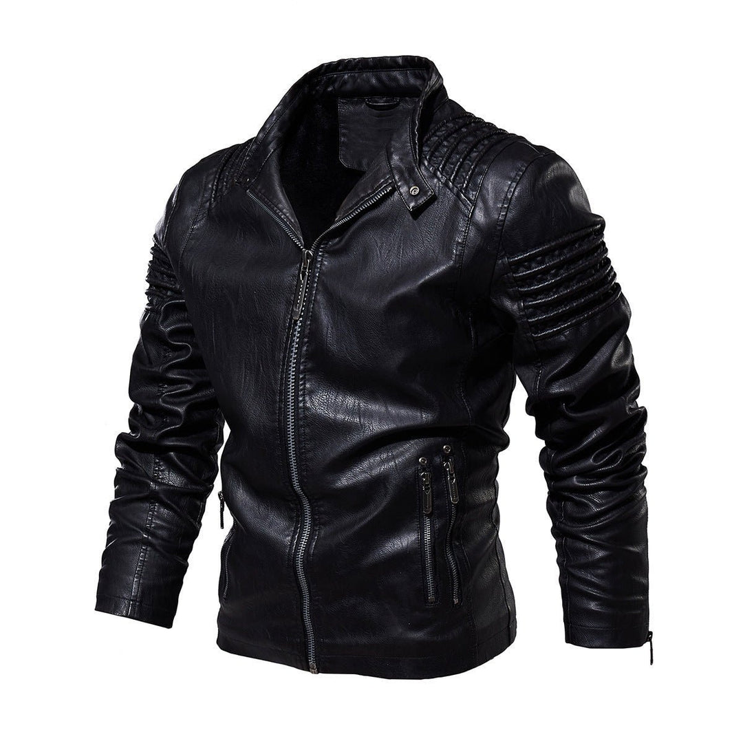 Men's Faux Leather Biker Jacket Ribbed Shoulder Fleece-Lined Moto Zip - Black
