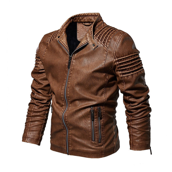 Men's Faux Leather Biker Jacket Ribbed Shoulder Fleece-Lined Moto Zip - Khaki