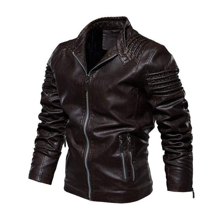 Men's Faux Leather Biker Jacket Ribbed Shoulder Fleece-Lined Moto Zip - Brown