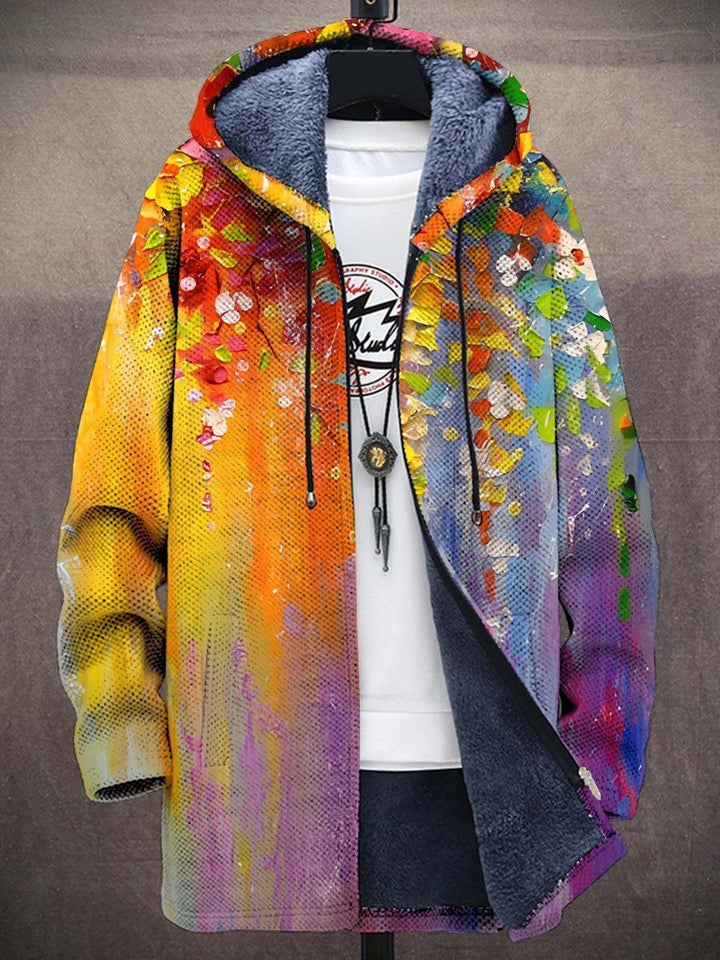 Men's Fleece-Lined Zip-Up Hooded Cardigan Abstract Art Print