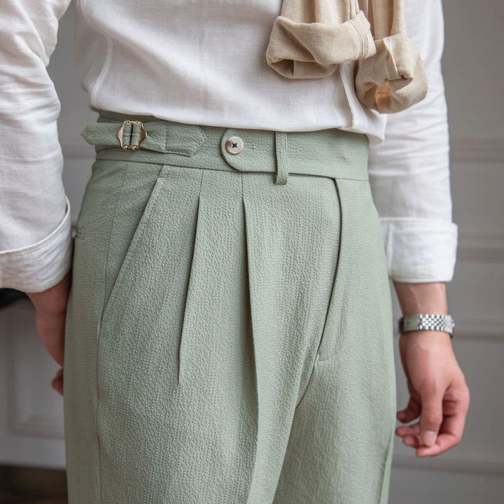 Men's High-Waist Tailored Pleated Trousers Slim Tapered Dress Pants - Green
