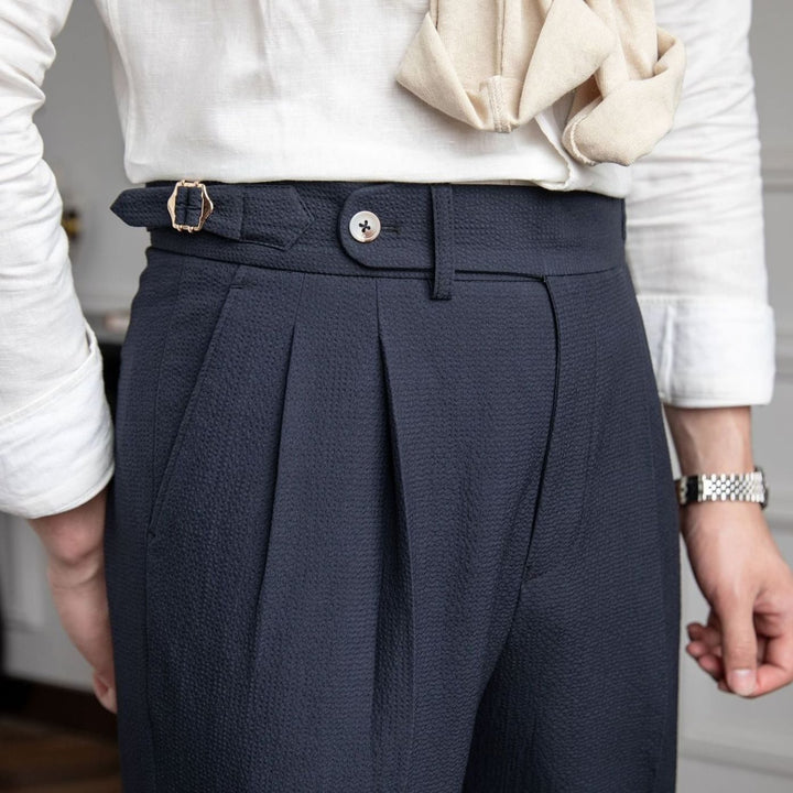 Men's High-Waist Tailored Pleated Trousers Slim Tapered Dress Pants - Blue