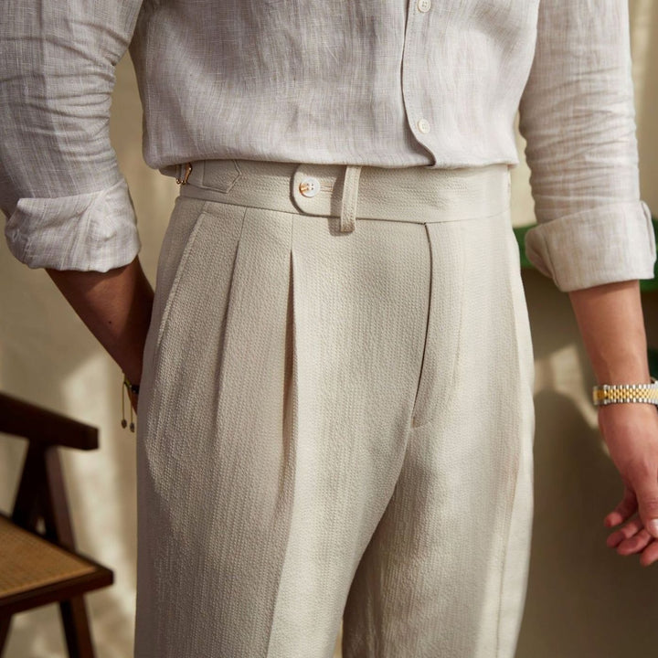 Men's High-Waist Tailored Pleated Trousers Slim Tapered Dress Pants - Beige