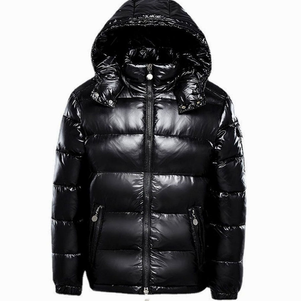 Men's Hooded Insulated Glossy Quilted Jacket Full-Zip Winter Puffer - Black