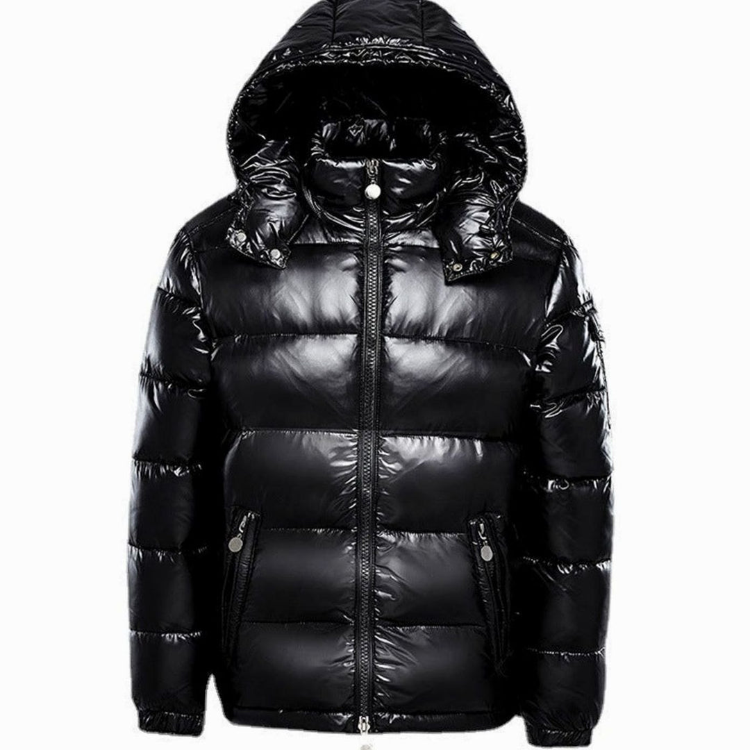 Men's Hooded Insulated Glossy Quilted Jacket Full-Zip Winter Puffer - Black