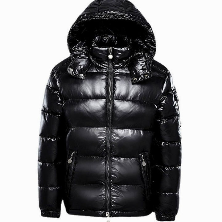 Men's Hooded Insulated Glossy Quilted Jacket Full-Zip Winter Puffer - Black
