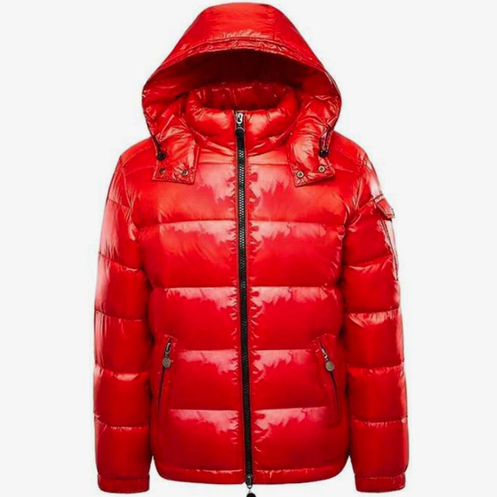 Men's Hooded Insulated Glossy Quilted Jacket Full-Zip Winter Puffer - Red